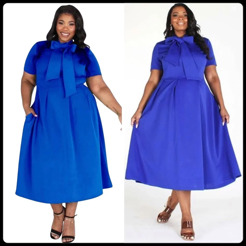 SOLD OUT: Solid Royal Blue Midi Flare Style Dress with Necktie, - Picture 6 of 13
